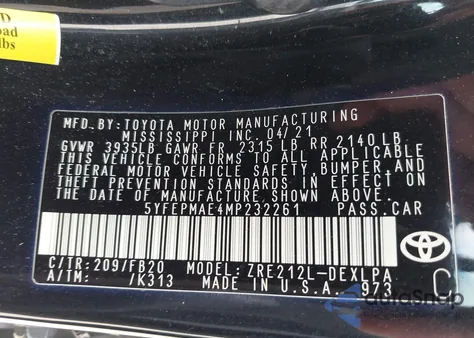 2021 Toyota Corolla Le из США, поврежденный, VIN 5YFEPMAE4MP232261